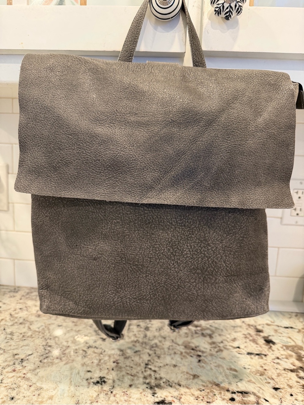 Eileen Fisher Gray Fold-Over Leather Backpack - Picture 12 of 15